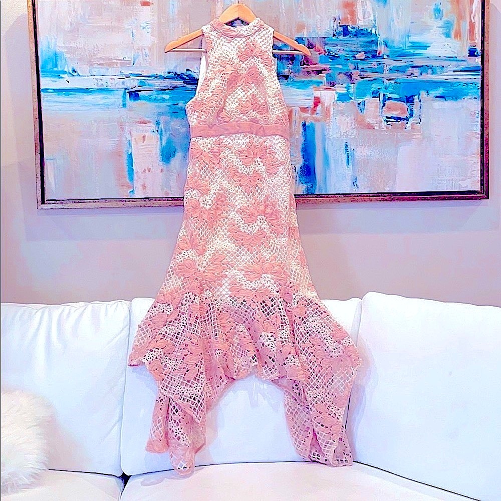 NWT KEEPSAKE crochet dress pink cream embroidered mermaid ruffle midi hi neck S